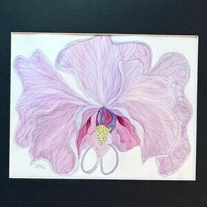PAINTING WATERCOLOR ORCHID FLOWER PINK LAVENDER PURPLE 11x14 & BLACK MAT 16X 20